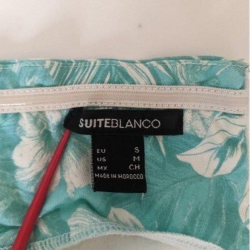 SUITE BLANCO DRESS HAWAIIAN STRAPLESS FITS SMALL TEAL BLUE TROPICAL VACAY DENIM - Picture 8 of 10